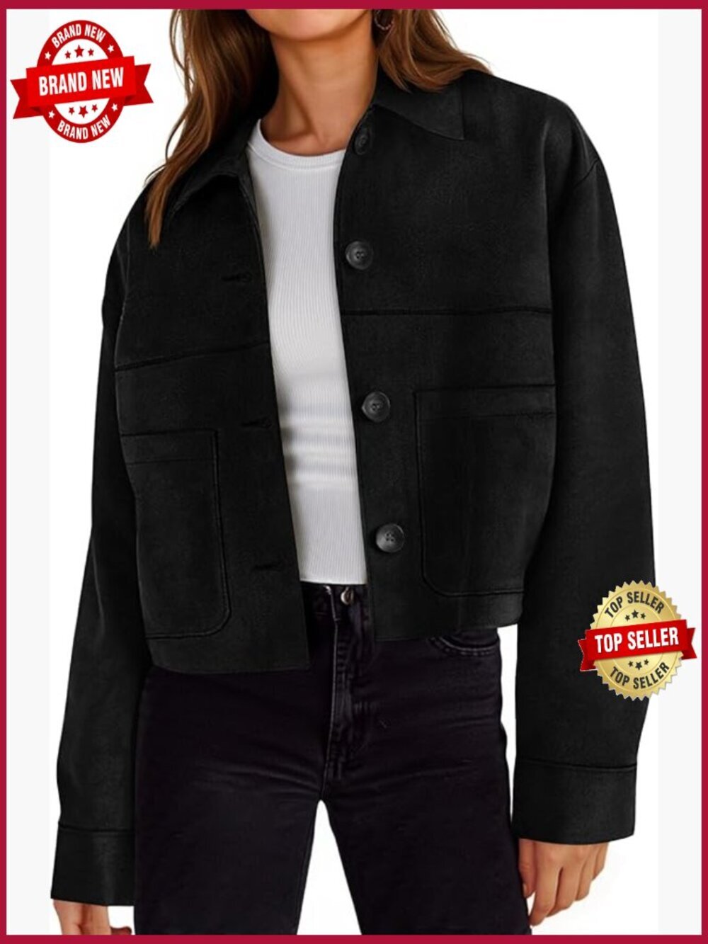 Cropped Faux Suede Leather Jacket Lapel Collar Button Down Short Fall Winter